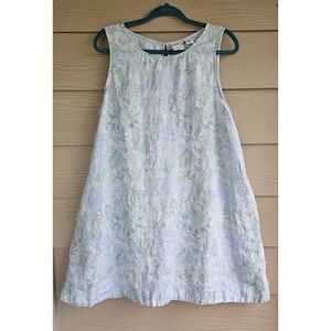 100% Linen Rachel Zoe White Green Blue Floral Mini Shift Dress Side Pockets XL